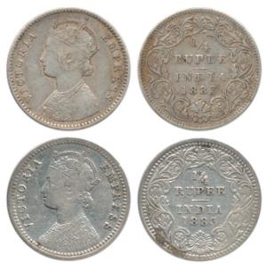 Victoria Empress, Silver ¼ Rupee, 1883, Bombay Mint, B / II / dot, Calcutta Mint, C / II /