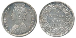 Victoria Empress, Silver ¼ Rupee, 1884, Bombay Mint, B / I / ’B’ incuse (Prid 416). Very F