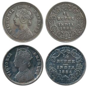 Victoria Empress, Silver ¼ Rupee, 1884, Bombay Mint, B / I / ’B’ raised, Calcutta Mint, C 