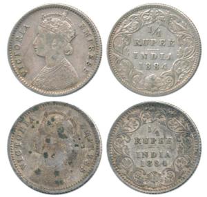 Victoria Empress, Silver ¼ Rupee, 1884, Bombay Mint, B / I / ’B’ raised and Calcutta Mint,