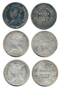 Victoria Empress, Silver ¼ Rupee, 1885, Calcutta Mint (2), C / II / ’C’ incuse, 1886, Calc