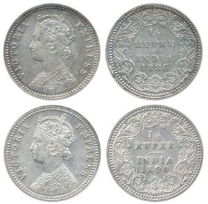 Victoria Empress, Silver ¼ Rupee, 1886 and 1890, Calcutta Mint, C / II / ’C’’ incuse. Very
