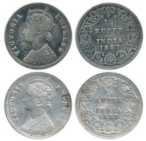 Victoria Empress, Silver ¼ Rupee, 1887, Bombay Mint, C / II / ’B’ raised, Calcutta Mint, C