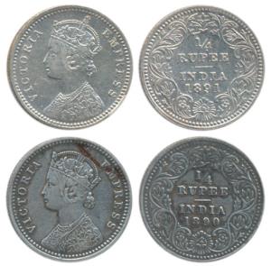 Victoria Empress, Silver ¼ Rupee, 1890, Calcutta Mint, C / II / ’C’ incuse. Very Fine+. (2