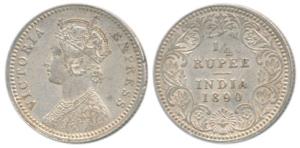 Victoria Empress, Silver ¼ Rupee, 1890, Calcutta Mint, C / II / ’C’ incuse (Prid 395). Abo