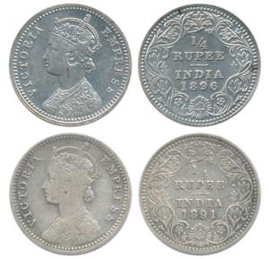 Victoria Empress, Silver ¼ Rupee, 1891 and 1896, Calcutta Mint, C / II / ’C’ incuse. Fine+