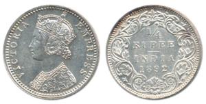 Victoria Empress, Silver ¼ Rupee, 1892, Bombay Mint, C / I / ’B’ incuse. Uncirculated, Sca