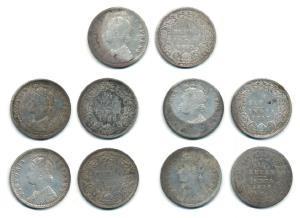 Victoria Empress, Silver ¼ Rupee, 1893, 1896, 1897 (2) and 1898. Fine to Very Fine+. (5)