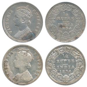 Victoria Empress, Silver ¼ Rupee, 1894, Bombay Mint, C / I / ’B’ incuse, Calcutta Mint, C 