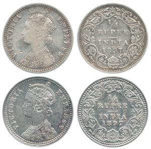 Victoria Empress, Silver ¼ Rupee, 1897, Bombay Mint, C / I / ’B’ incuse and Calcutta Mint,