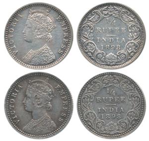 Victoria Empress, Silver ¼ Rupee, 1898, Bombay Mint, C / I / ’B’ incuse and Calcutta Mint,