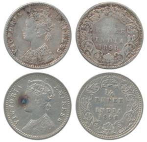 Victoria Empress, Silver ¼ Rupee, 1898, Bombay Mint, C / I / ’B’ incuse, Calcutta Mint, C 