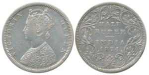 Victoria Queen, Silver ½ Rupee, 1874, Bombay Mint, B2 / II / dot. Very Fine+, Rare.