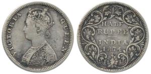 Victoria Queen, Silver ½ Rupee, 1874, Bombay Mint, B2 / II / dot. Very Fine, Rare.