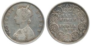Victoria Queen, Silver ½ Rupee, 1875, Calcutta Mint, A / I, No mint mark. Very Fine+, Scar