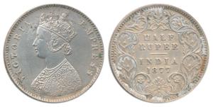 Victoria Empress, Silver ½ Rupee, 1877, Calcutta Mint, A / I, No mint mark. About Extremel