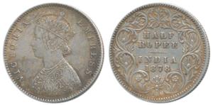 Victoria Empress, Silver ½ Rupee, 1878, Calcutta Mint, A / I, No mint mark (Prid 262). Ver