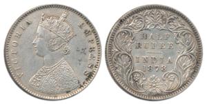 Victoria Empress, Silver ½ Rupee, 1878, Calcutta Mint, A / I, No mint mark. Extremely Fine