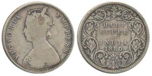 Victoria Empress, Silver ½ Rupee, 1880, Calcutta Mint, A / I / ’C’ incuse. Fine+, Very Rar