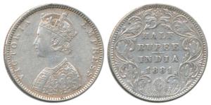 Victoria Empress, Silver ½ Rupee, 1881, Bombay Mint, B2 / II / dot. Very Fine+, Rare.
