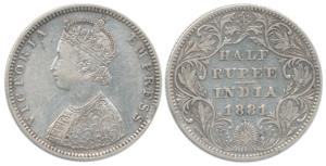 Victoria Empress, Silver ½ Rupee, 1881, Bombay Mint, B2 / II / dot. Slight edge knock at 4