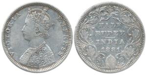 Victoria Empress, Silver ½ Rupee, 1881, Bombay Mint, B2 / II / dot. Very Fine+, Very Rare.