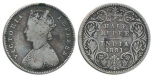 Victoria Empress, Silver ½ Rupee, 1881, Calcutta Mint, A / I / ’C’ incuse. Fine+, Very Rar