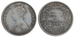 Victoria Empress, Silver ½ Rupee, 1883, Calcutta Mint, A / I / ’C’ incuse. Very Fine+, Ver