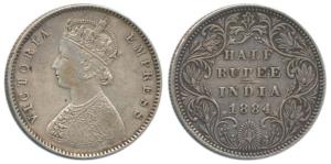 Victoria Empress, Silver ½ Rupee, 1884, Bombay Mint, A / II / dot. Very Fine+, Rare.