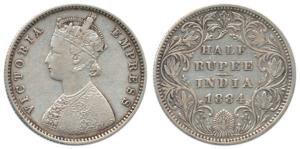 Victoria Empress, Silver ½ Rupee, 1884, Bombay Mint, A / II, No mint mark. Very Fine, Rare