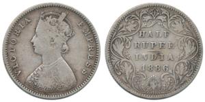 Victoria Empress, Silver ½ Rupee, 1886, Bombay Mint, A / II / ’B’ raised. Fine+, Rare.