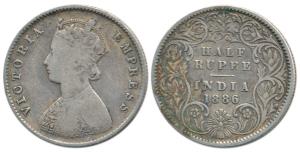 Victoria Empress, Silver ½ Rupee, 1886, Calcutta Mint, A / I / ’C’ incuse. Fine+.