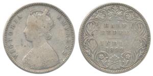 Victoria Empress, Silver ½ Rupee, 1892, Bombay Mint, A / I / ’B’ incuse. Fine.