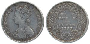 Victoria Empress, Silver ½ Rupee, 1893, Bombay Mint, A / I / ’B’ incuse (Prid 303). Very F