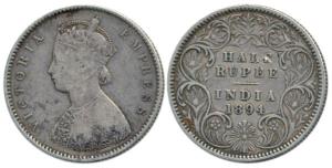 Victoria Empress, Silver ½ Rupee, 1894, Calcutta Mint, A / I / ’C’ incuse. About Very Fine