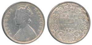 Victoria Empress, Silver ½ Rupee, 1897, Bombay Mint, A / I / ’B’ incuse. Fine+.
