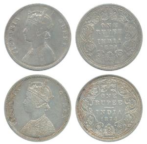 Victoria Queen, Silver Rupee, 1874, Bombay Mint, A2 / II, No mint mark, Calcutta Mint, A1 