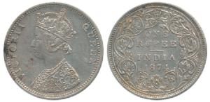 Victoria Queen, Silver Rupee, 1874, Bombay Mint, C1 / II, No mint mark. About Extremely Fi