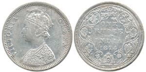 Victoria Queen, Silver Rupee, 1874, Bombay Mint, C1 / II, No mint mark. Very Fine+, Rare.