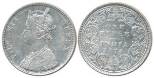 Victoria Queen, Silver Rupee, 1874, Calcutta Mint, A1 / I, No mint mark. Very Fine, Scarce