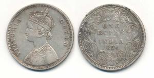 Victoria Queen, Silver Rupee, 1874, Calcutta Mint, A / I, No mint mark. About Very Fine.