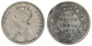 Victoria Empress, Silver Rupee, 1877, Bombay Mint, A3 / II, No mint mark. Fine+, Very Rare