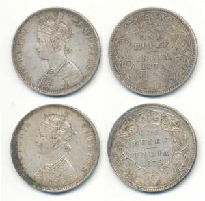 Victoria Empress, Silver Rupee, 1879, A3 / I / dot; A3 / II / dot. Very Fine. (2)