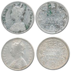 Victoria Empress, Silver Rupee, 1883, A3 / I / ’B’ raised and dot; 1884, A3 / II, bottom ’