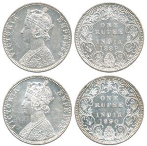 Victoria Empress, Silver Rupee, Bombay Mint (2), 1889, C2 / I / ’B’ raised and 1890, C2 / 