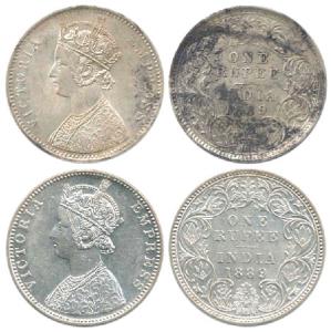 Victoria Empress, Silver Rupee, 1889, C3 / I / ’C’ incuse; C2 / I / ’B’ incuse. Extremely 