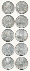 Victoria Empress, Silver Rupee, Bombay Mint (5), 1884, A3 / I / ’B’ raised, 1889, C2 / I /
