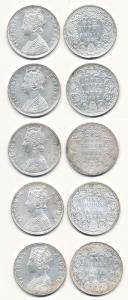 Victoria Empress, Silver Rupee, Bombay Mint (5), 1882, A3 / I / dot, 1887, C2 / I inverted