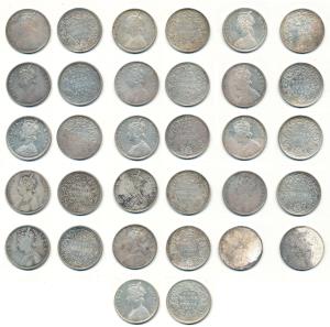 Victoria Queen and Empress, Silver Rupee (15), different dot and date varieties 1862, B / 