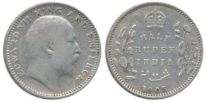 Edward VII, Silver ½ Rupee, 1905, Calcutta Mint, No mint mark. Very Fine+, Scarce.